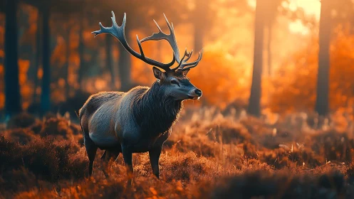 Morning antlered monarch strolls through ember-bright forest haze