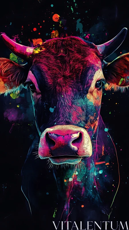 Neon night cow portrait splashed in playful cosmic color.