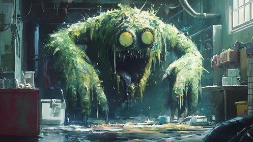 Moss-coated sludge creature occupying cluttered workshop.