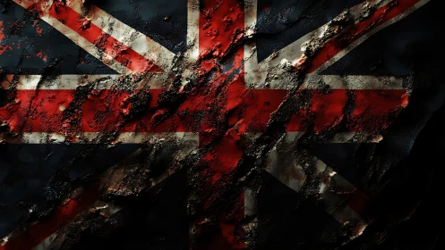 Tattered Union Jack flag emerges through dark burned textures