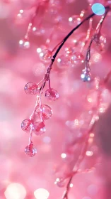 Macro study of dewy pink berries in luminous bokeh field.