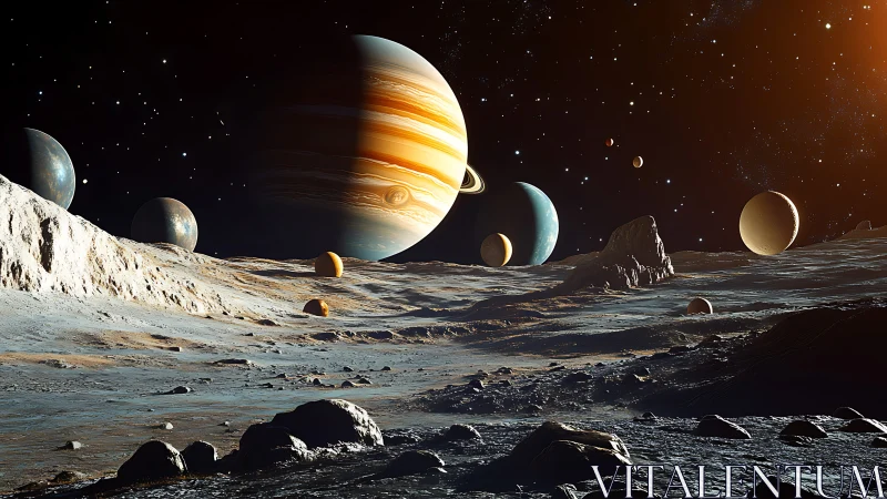 Rocky moon surface under giant ringed gas planet and moons.