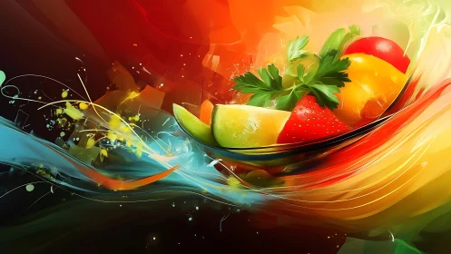 Vibrant digital fruit splash swirling in luminous motion.
