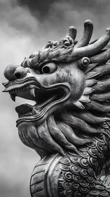 Majestic dragon sculpture rises against dramatic storm clouds.