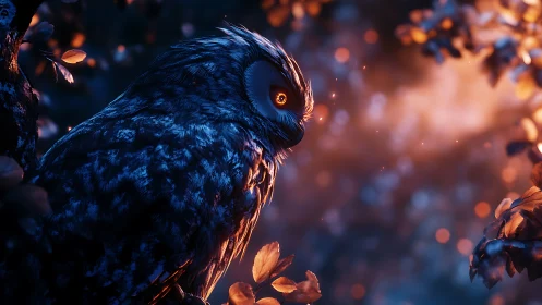 Moonlit owl drifting through a dreamy ember-kissed forest.