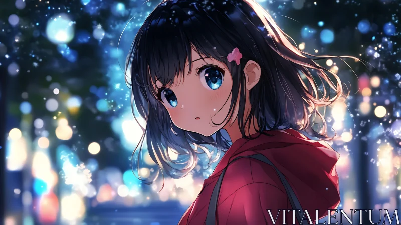 Anime girl glows under neon bokeh lights at night