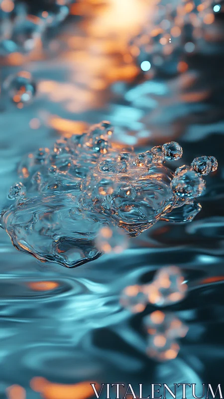 Close-up liquid splash with blue and orange reflections.