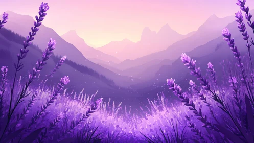 Lavender valleys glowing beneath a dreamy pastel sunrise.