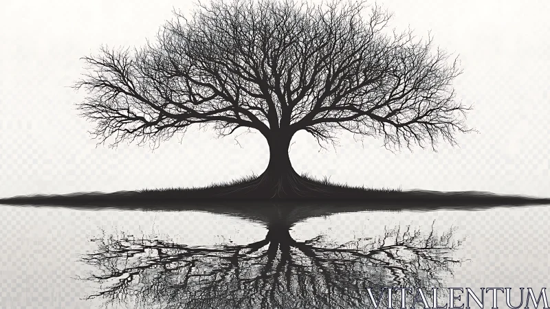 Silent winter tree mirrored in a glassstill shoreline hush.