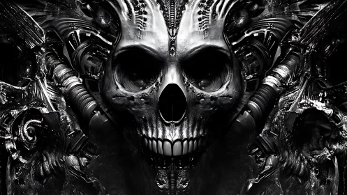 Bio-mechanical skull merges with dark industrial machinery.