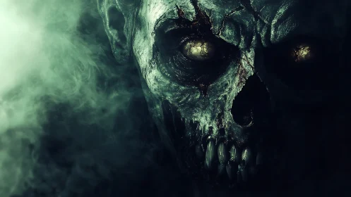 Decayed skull-like creature emerges from dense green smoke