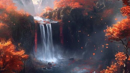 Waterfall in dense red autumn forest with misty gorge.