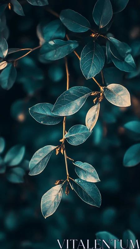 Teal leaves cluster in soft golden rim light glow.