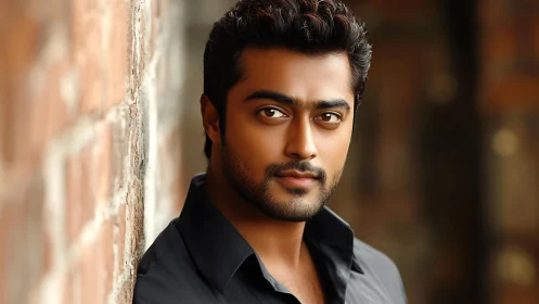 Portrait of young man beside brick wall background.