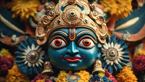 Blue goddess grins beneath spiraled gold crown and wild marigolds