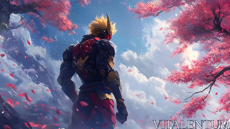 Armored warrior under sakura sky with cinematic backlighting.
