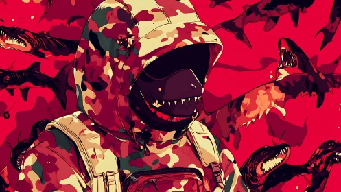 Camouflage shark-hooded wanderer in a swirling red tide.