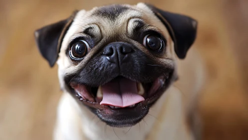 Joyful pug with bright, curious eyes and a playful smile.