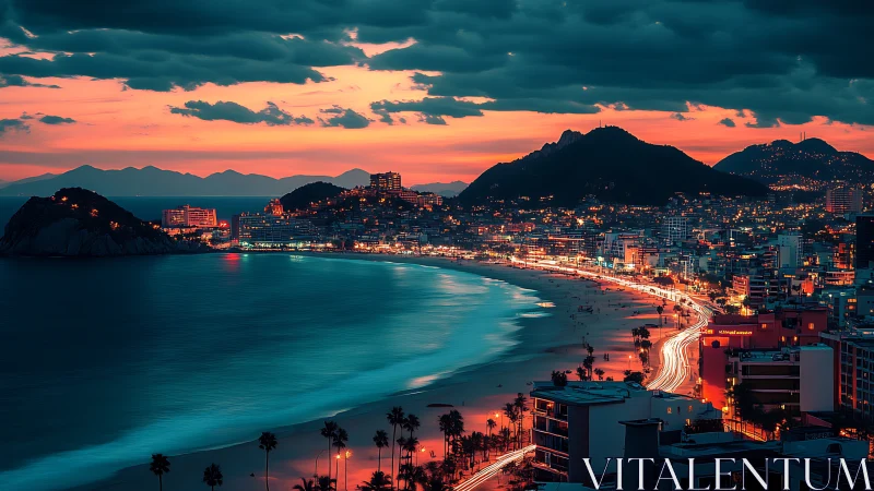 Sunset city shoreline glows gently beside calm ocean waves