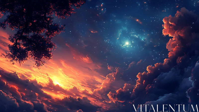 Stellar twilight sky over glowing clouds and silhouetted tree.