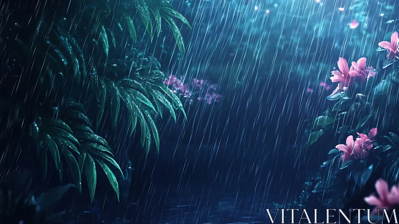 Rain falls over wet tropical leaves and pink flowers