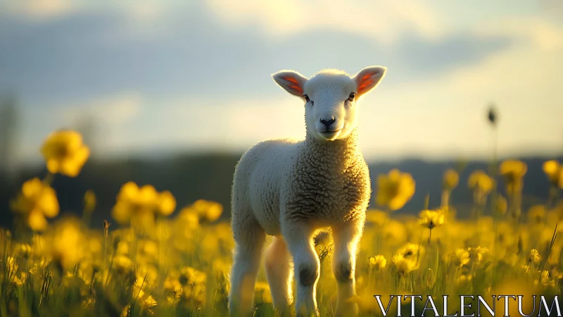 Young lamb glows in golden meadow light at peaceful sunset