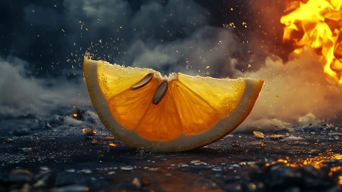 Lemon wedge with seeds on fire against dramatic sky