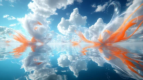 Skyborne koi currents swirl above a mirrored cloud sea.