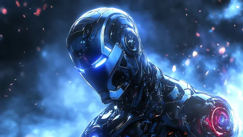 Cinematic chrome humanoid combat android in ionized blue haze