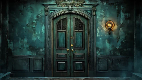 Weathered teal manor door under solitary wall sconce.