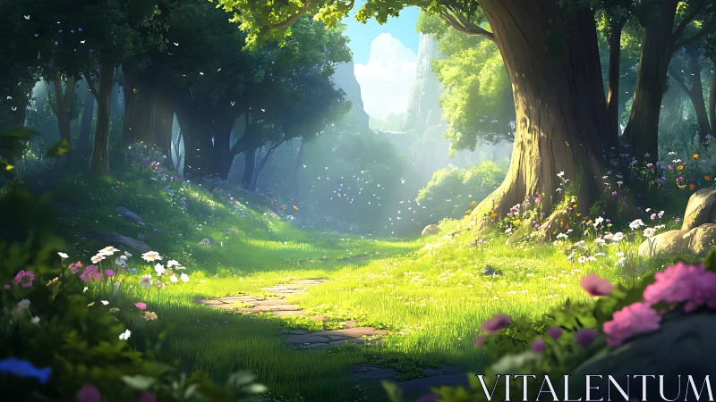 Enchanted Forest Glade Bathed in Golden Sunlight.