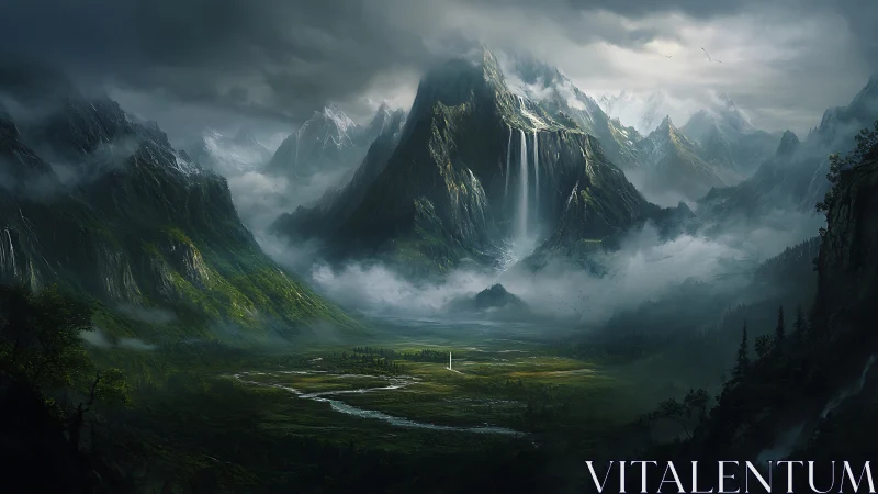 Dark fantasy mountain valley with towering waterfalls and mist.