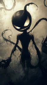 Sinister shadow creature with glowing grin in misty void.