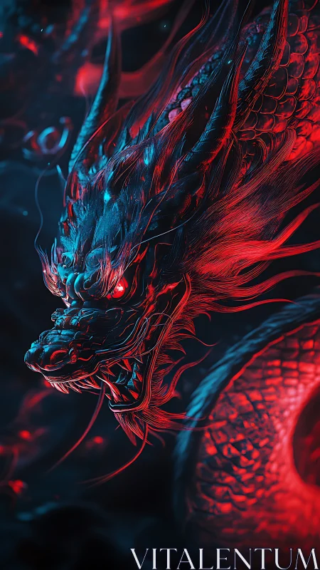 Neon-scaled dragon coils through luminous crimson shadows.