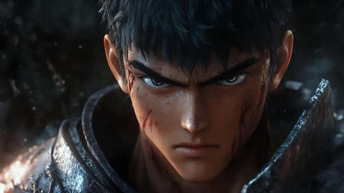 Battle-worn anime warrior stares forward with focused intensity
