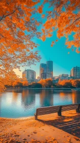 Urban waterfront park bench with autumn foliage and towers.