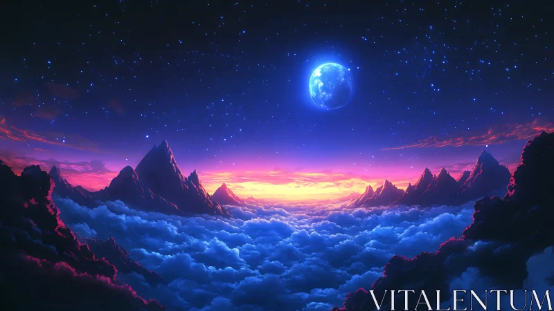 Celestial sunrise bathes alien mountains in glowing clouds