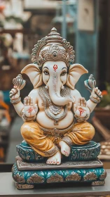 Polychrome Ganesha idol on ornate pedestal with shallow depth focus