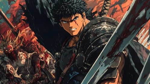 Armored swordsman stands amid fallen foes in bloodied field