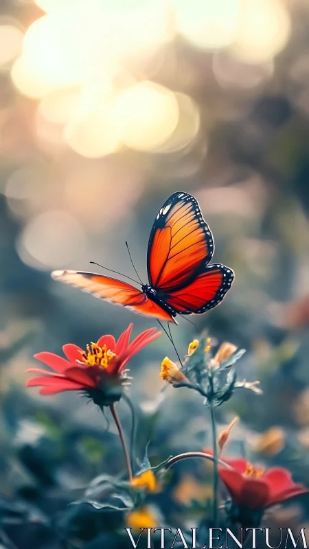 Monarch butterfly hovering above red zinnia flowers at dusk