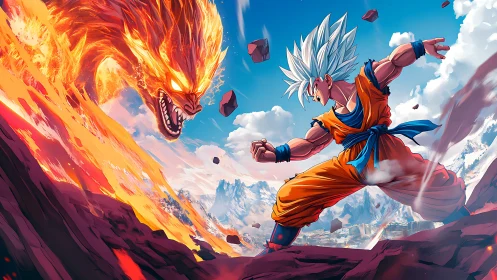 Superpowered warrior faces flaming dragon over rocky ridge.