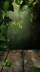 Weathered wooden surface with ivy foliage border outdoors.