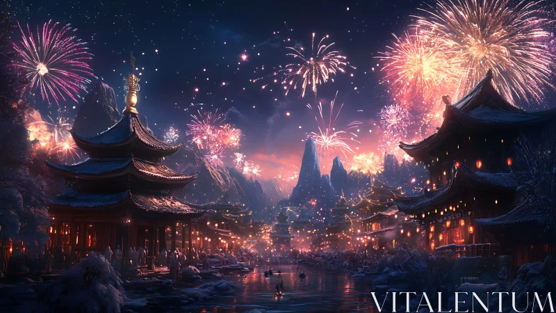 Fireworks burst over snowy riverside temples at night