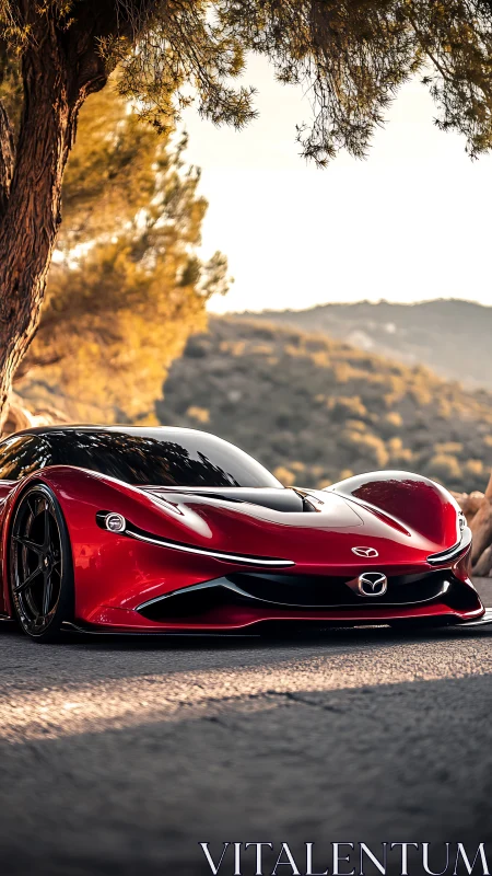 Red Mazda concept supercar glows under warm sunset light.