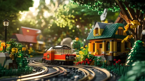 Lego train passing house on curved tracks in garden setting.