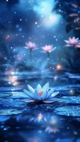 Moonlit lotus blooms in a dreamy blue enchanted water garden