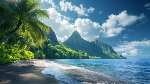 Tropical Coastal Landscape with Dramatic Mountain Peak.