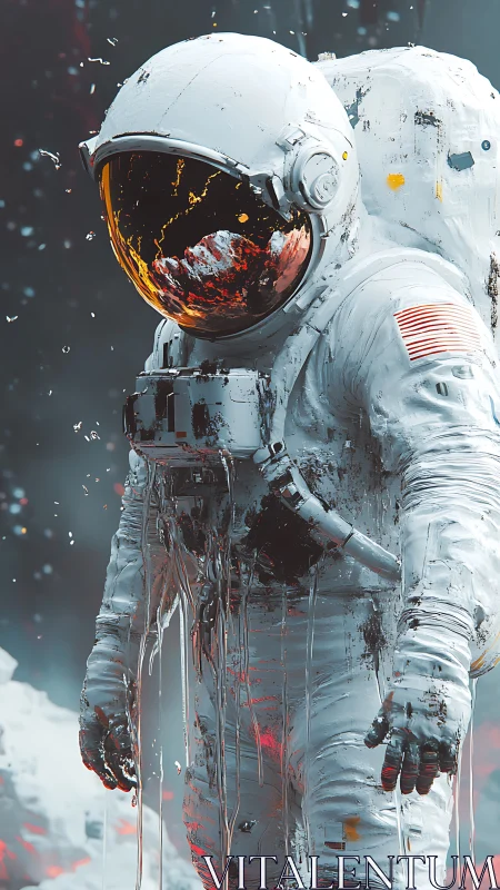 Astronaut stands in deteriorating suit with reflective visor
