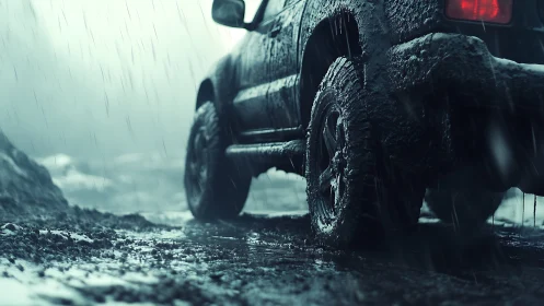 Rain-soaked off-road SUV carving tracks through wild mud.