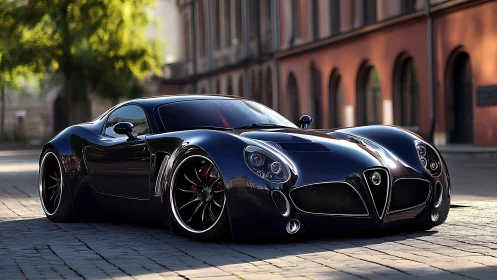 Low black supercar parked on cobblestone city street.